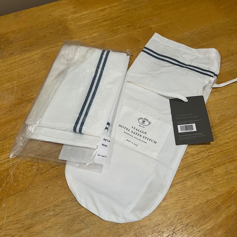 Restoration Hardware Italian Hotel Satin Stitch Lumbar Sham White Navy 14x22 NEW